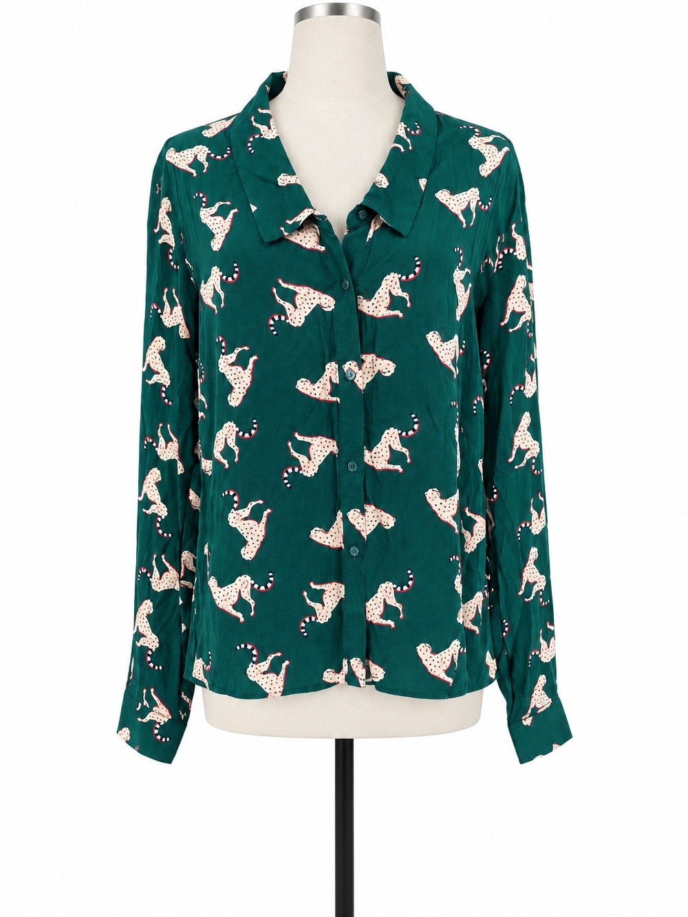 Compania Fantastica Leopard Print Blouse Whimsical Art Shirt Green Size L NWT